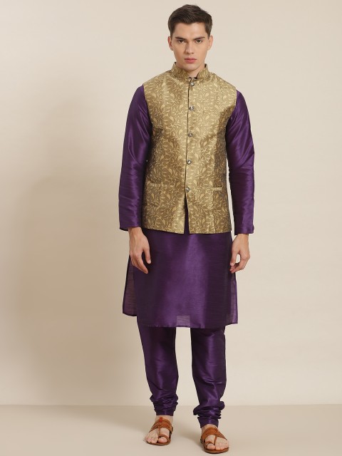 

SOJANYA Men Purple & Olive Green Ethnic Motifs Straight Kurta with Churidar & Nehru Jacket