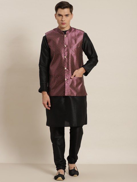 

SOJANYA Men Black Regular Kurta with Churidar & Nehru Jacket