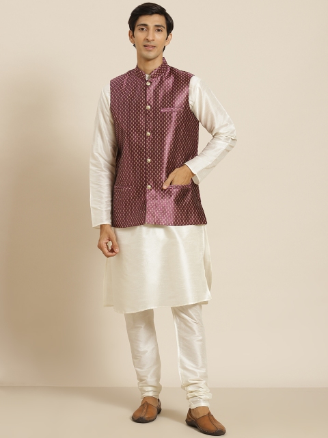 

SOJANYA Men Off White & Purple Regular Thread Work Kurta with Churidar and Nehru Jacket