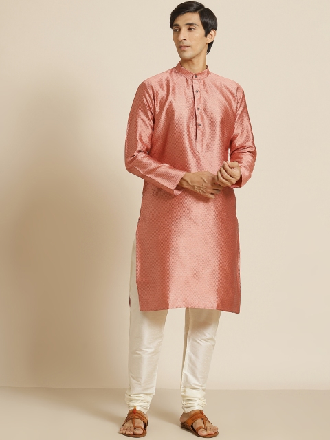 

SOJANYA Men Coral Pink Ethnic Motifs Self Design Straight Kurta
