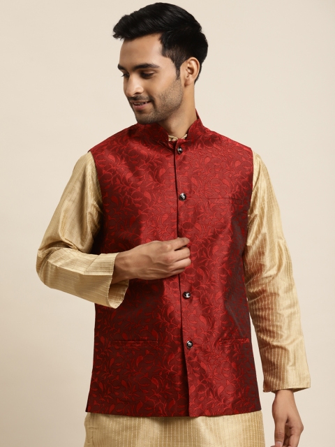 

SOJANYA Men Red Ethnic Motifs Woven Design Nehru Jacket