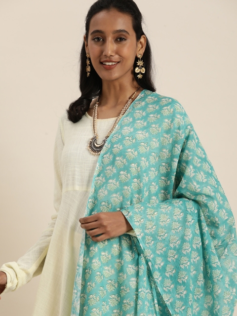 

Taavi Blue & Sea Green Block Print Legacy Pure Cotton Dupatta