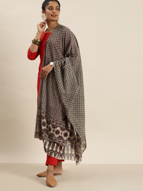 

Taavi Brown & Black Hand Block Ethnic Motifs Printed Pure Cotton Sustainable Dupatta