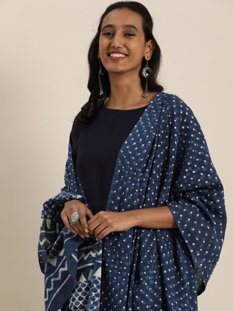 

Taavi Navy Blue & White Indigo Hand Block Print Pure Cotton Dupatta