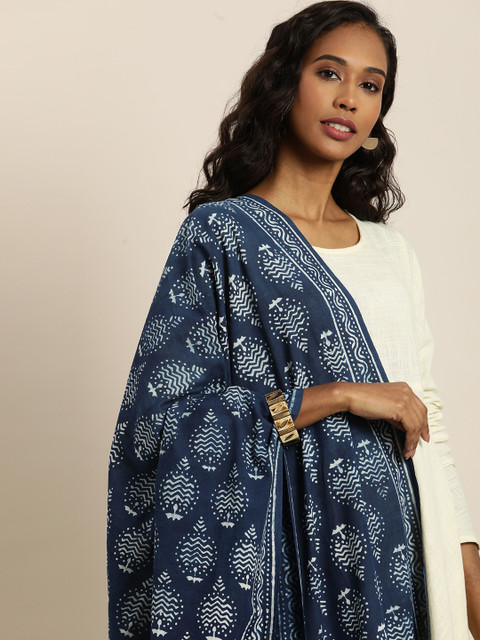 

Taavi Navy Blue & White Indigo Hand Block Print Pure Cotton Sustainable Dupatta