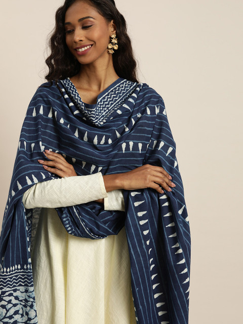 

Taavi Navy Blue & White Indigo Hand Block Print Pure Cotton Sustainable Dupatta