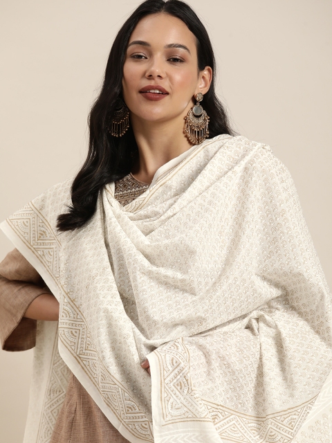 

Taavi Women White & Gold-Toned Block Print Legacy Pure Cotton Dupatta