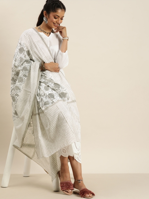 

Taavi White & Grey Hand Block Printed Pure Cotton Susutainable Dupatta