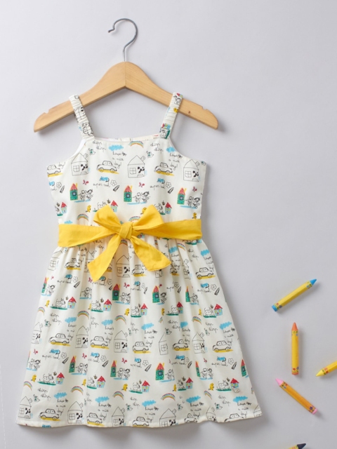 

Ed-a-Mamma Girls Off White and Yellow Printed Fit & Flare Dress with Tie-Up