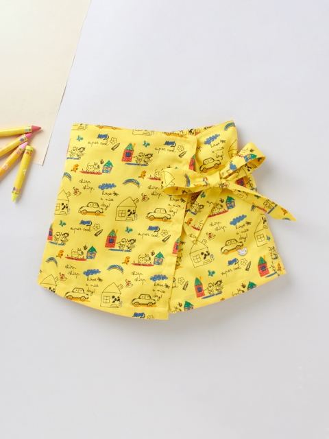 

Ed-a-Mamma Girls Yellow & Blue Conversational Print Pure Cotton Mini Skorts