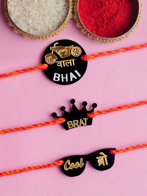 

Krafted with Happiness Set of 3 Black & Gold-Toned Handcrafted Rakhis
