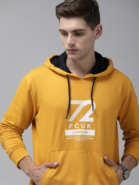 

French Connection Men Mustard Yellow Logo Printed Hooded Sweatshirt