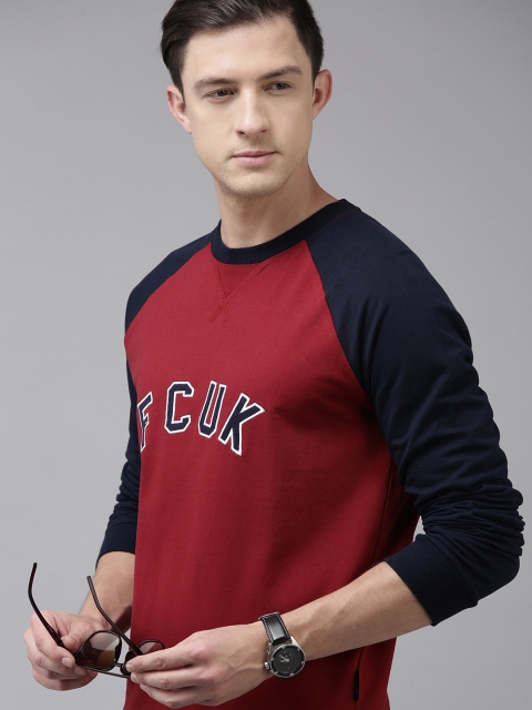 

French Connection Men Red & Navy Blue Colourblocked Sweatshirt