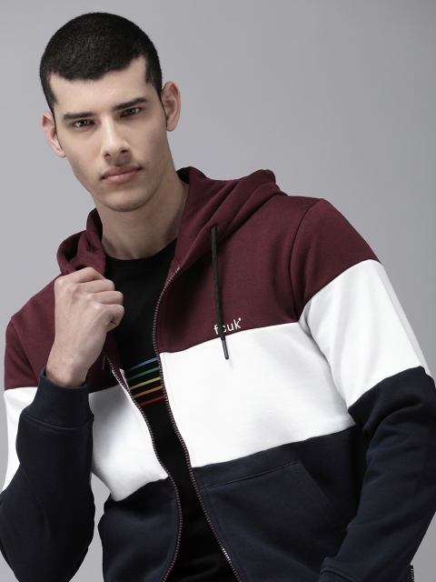 

French Connection Men Burgundy & Navy Blue Colourblocked Hooded Sweatshirt