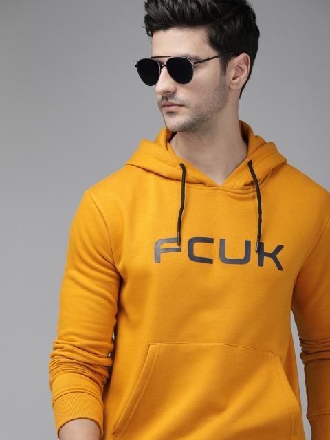 

French Connection Men Mustard Yellow Printed Hooded Sweatshirt