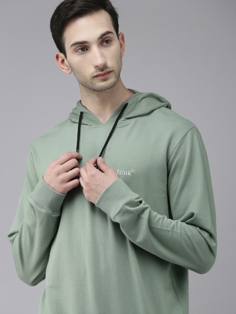

French Connection Men Green Solid Hooded Sweatshirt