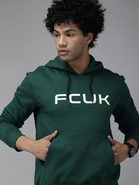 

French Connection Men Green Printed Hooded Sweatshirt