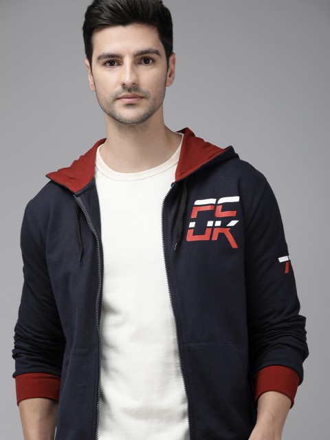 

French Connection Men Navy Blue Printed Hooded Sweatshirt