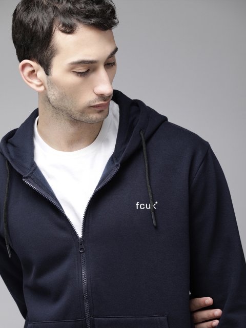 

French Connection Men Navy Blue Printed Hooded Sweatshirt