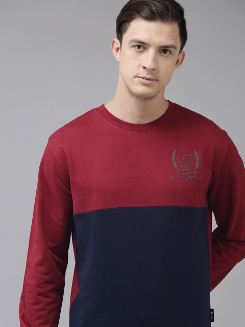 

French Connection Men Red & Navy Blue Pure Cotton Colourblocked Sweatshirt
