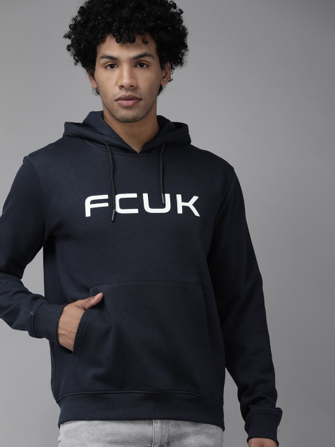 

French Connection Men Navy Blue Printed Hooded Sweatshirt