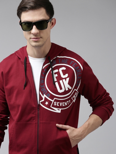 

French Connection Men Maroon Printed Hooded Sweatshirt