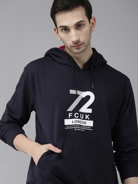

French Connection Men Navy Blue & White Printed Hooded Sweatshirt