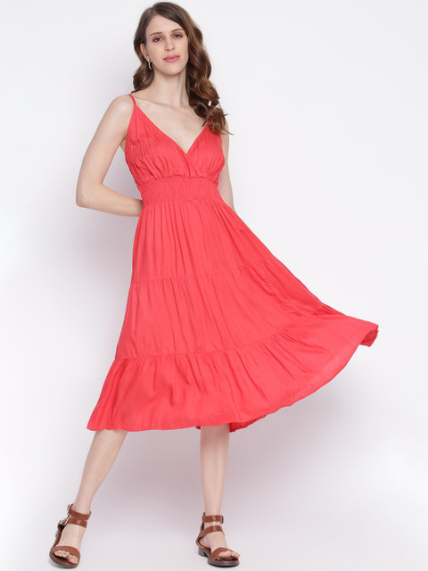 

INIESTA Women Coral Midi Tier Dress