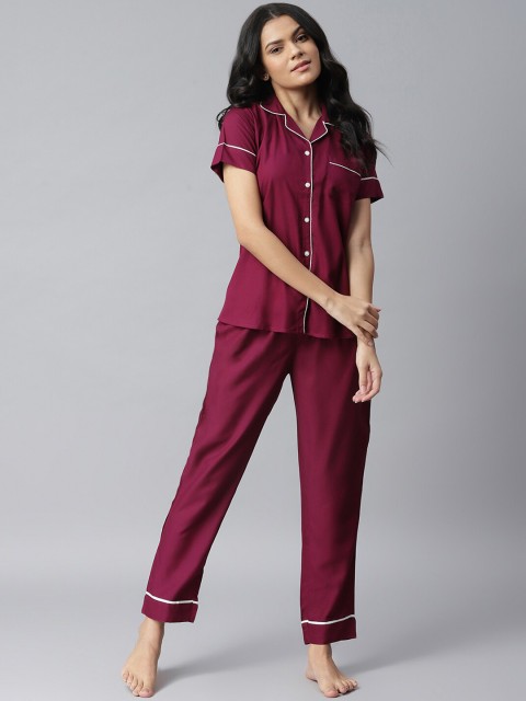 

Stylum Women Solid Burgundy & White Solid Viscose Rayon Night Suit