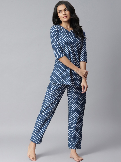 

Stylum Women Blue & White Striped Night suit