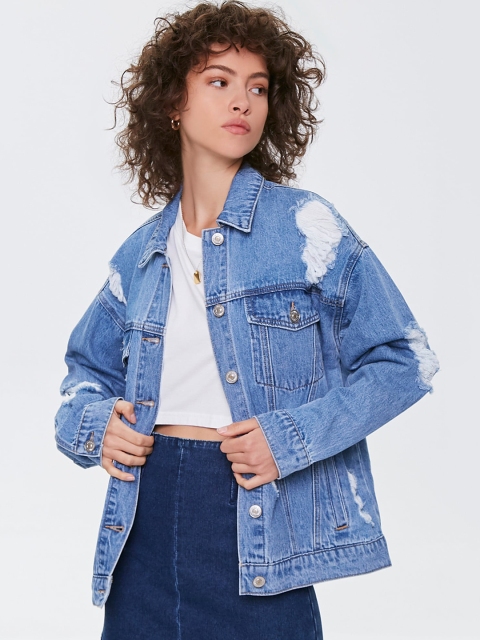 

FOREVER 21 Women Blue Ripped Longline Denim Jacket