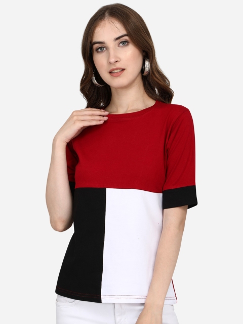 

OM SAI LATEST CREATION Women Maroon & White Colourblocked Regular Top