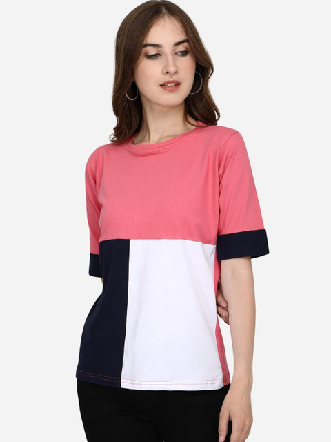 

OM SAI LATEST CREATION Women Pink & White Colourblocked Top