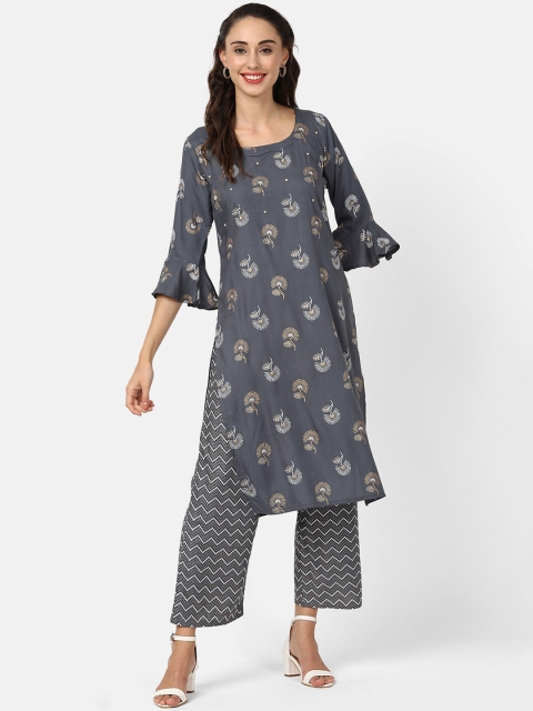 

V2 Value & Variety Women Grey Ethnic Motifs Printed Kurta with Palazzos