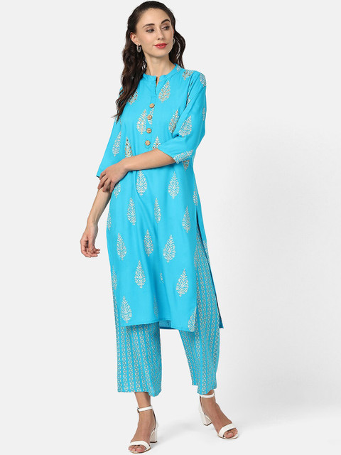 

V2 Value & Variety Women Blue Ethnic Motifs Printed Mirror Work Kurta with Palazzos