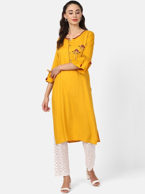 

V2 Value & Variety Women Yellow Pure Cotton Kurta with Trousers