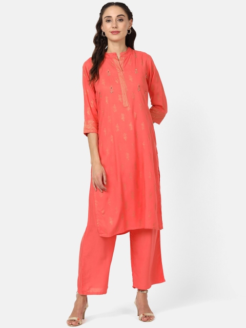 

V2 Value & Variety Women Red Ethnic Motifs Printed Mirror Work Kurta with Palazzos