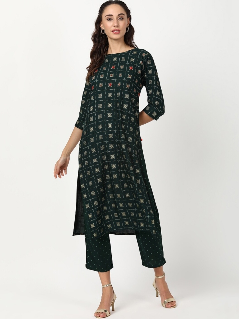 

V2 Value & Variety Women Green Ethnic Motifs Printed Kurta with Trousers
