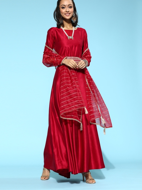 

Indo Era Women Red Belted Detail Liva Anarkali Kurta With Dupatta and Belt Set