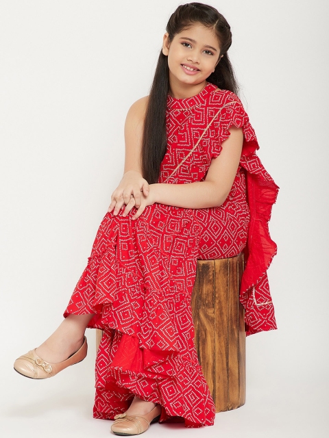 

Stylo Bug Girls Red Bandhani Printed Regular Pure Cotton Top with Sharara & With Dupatta