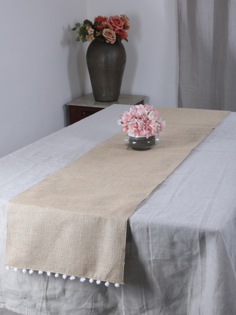 

My Gift Booth Beige Solid Jute Pom-Pom Table Runner