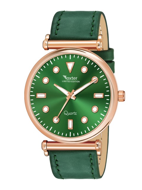

Foxter Men Green Brass Embellished Dial & Green Leather Straps Analogue Watch