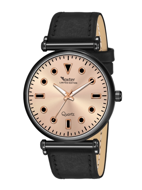 Foxter Men Gold-Toned Brass Dial & Black Leather Textured Straps Analogue Watch