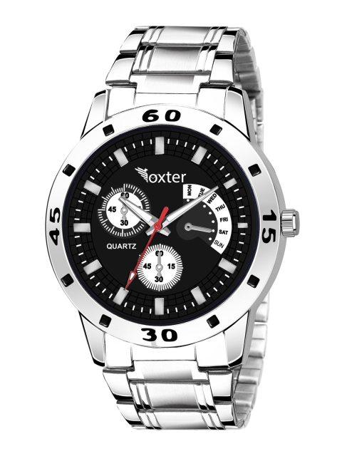 

Foxter Men Black Brass Embellished Dial & Silver Toned Bracelet Style Straps Analogue Watch