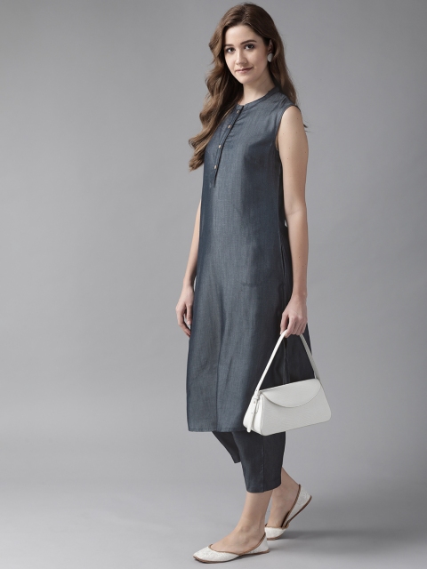 

W Women Blue Chambray Solid A-Line Kurta with Trousers
