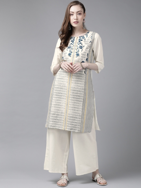 

W Women Off White & Navy Blue Ethnic Motifs Printed Straight Kurta with Palazzos