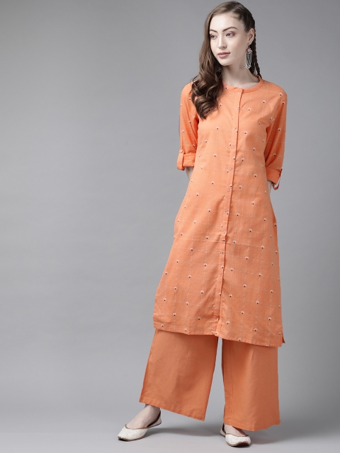 

W Women Orange & Charcoal Grey Checked Pure Cotton Straight Kurta with Palazzos