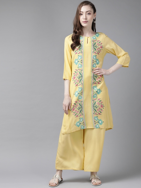 

W Women Yellow & Blue Ethnic Motifs Print Straight Kurta with Palazzos