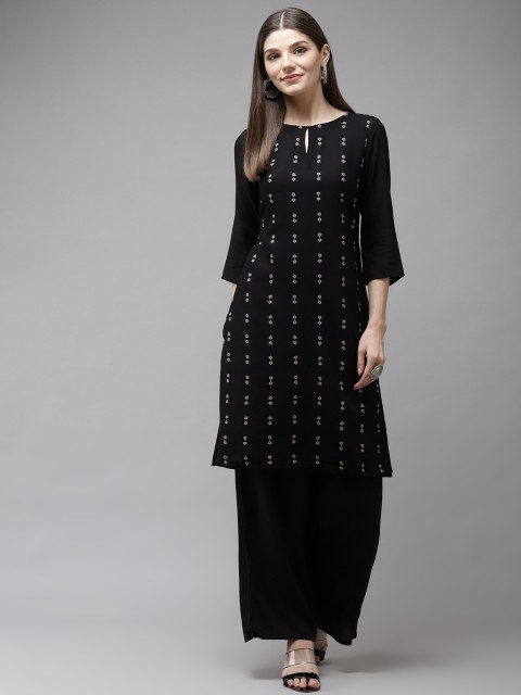 

W Women Black Floral Printed Kurta with Palazzos