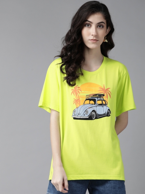 

The Dry State Women Fluorescent Green & Blue Cotton Car Print Oversized T-shirt